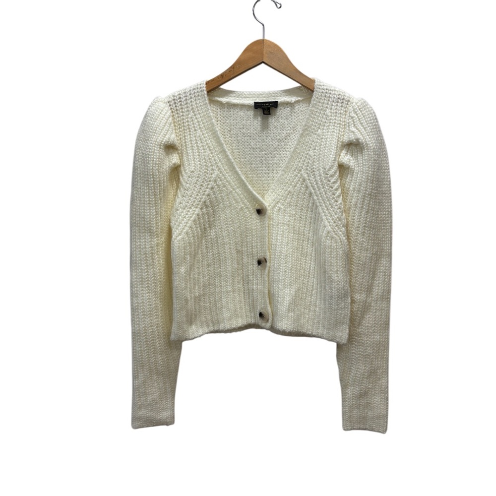 Preppy Coastal Anthropologie Current Air Puff Sleeve Cardigan - Picture 3 of 13